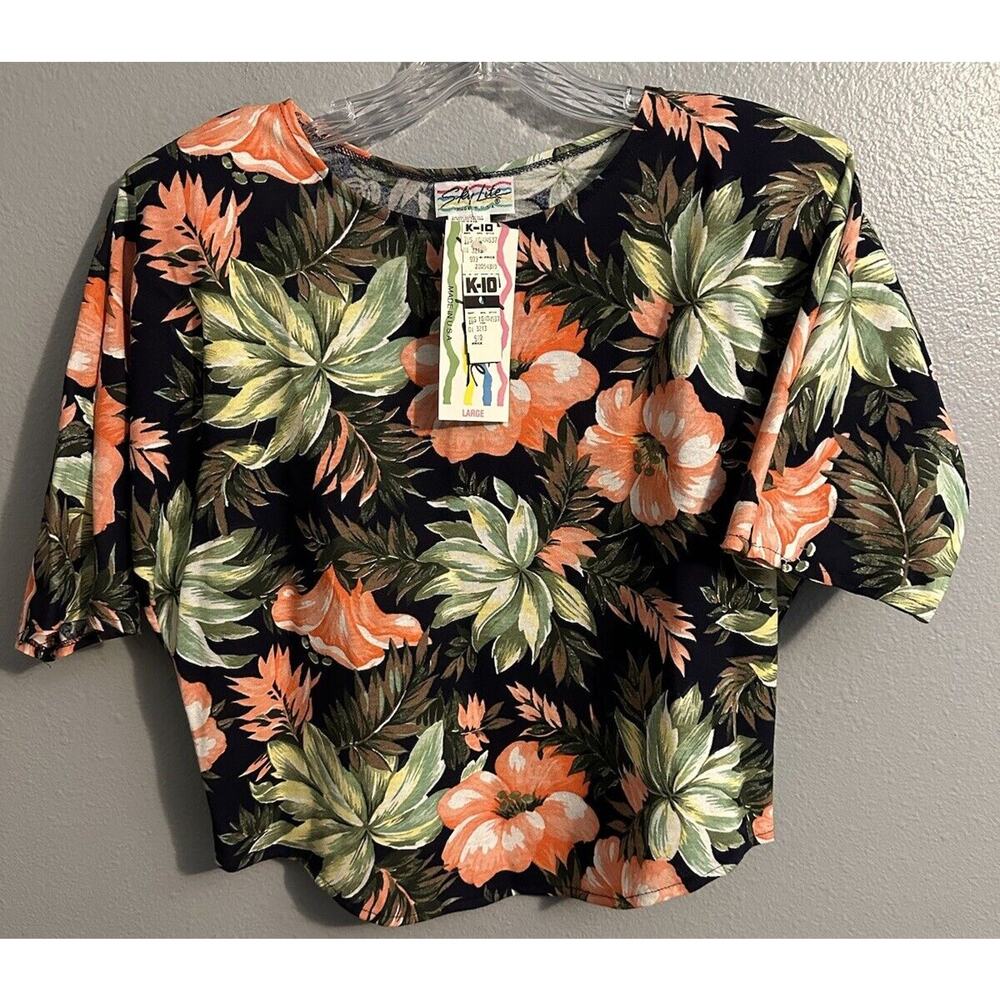 Sky Lite Floral Palm Size Large Crop Beach Short Sleeve NWT 90s NOS